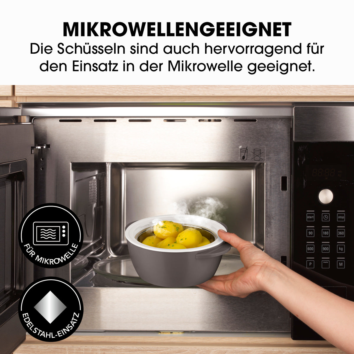 Thermo-Schüssel Mikrowelle - 450 ml - grau/weiß mit Edelstahleinsatz, mikrowellengeeignet zum Erwärmen und Warmhalten von Speisen.