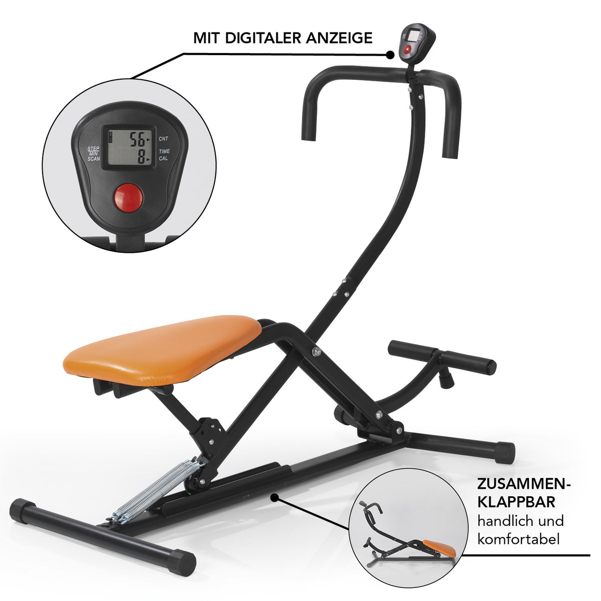 Trainingsgerät Crunch & Glide mit digitaler Anzeige, klappbar für platzsparendes Krafttraining von Bauch, Brust und Armen.