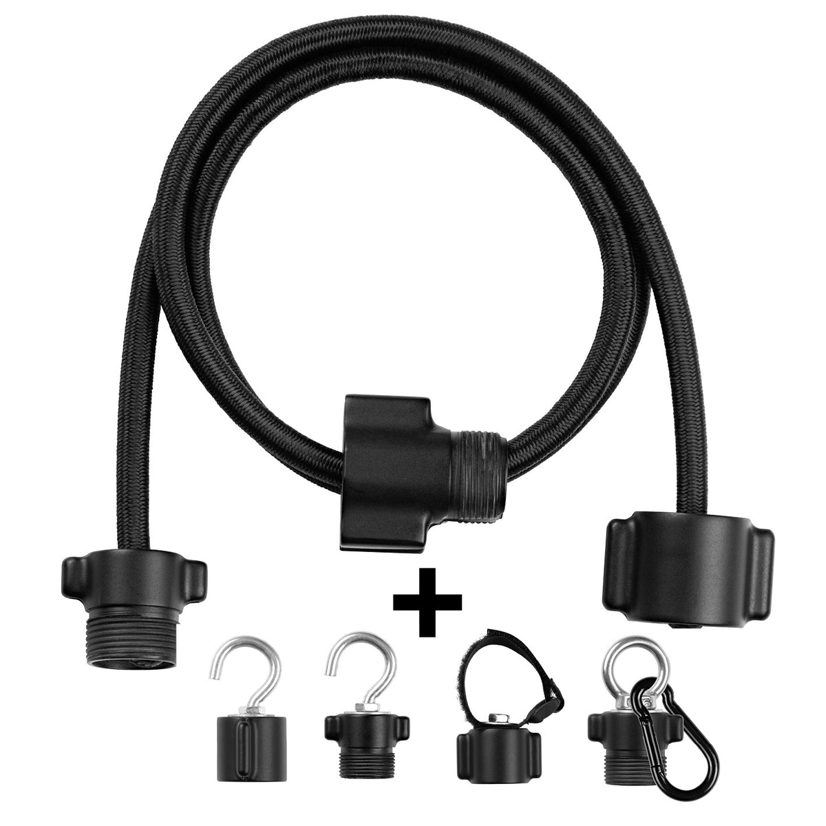 Multifunktionales Spanngummi-System - Premium-Set mit verstellbarer Länge, verschiedenen Haken und Karabiner für flexible Befestigung.