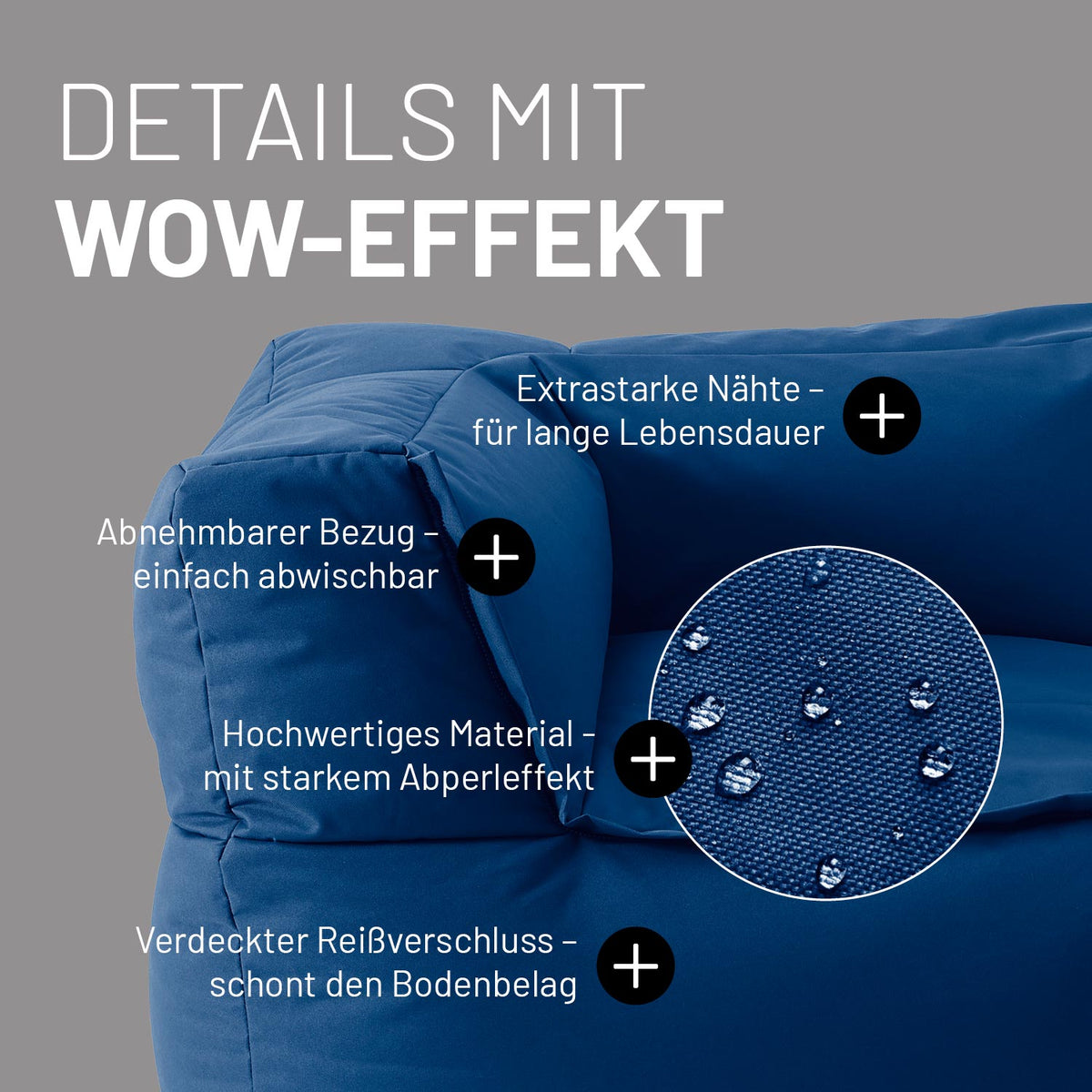 Sitzsack-Sofa Ecke (340 L) mit extrastarken Nähten, abnehmbarem Bezug, verdecktem Reißverschluss und wasserabweisendem Material in Navyblau.
