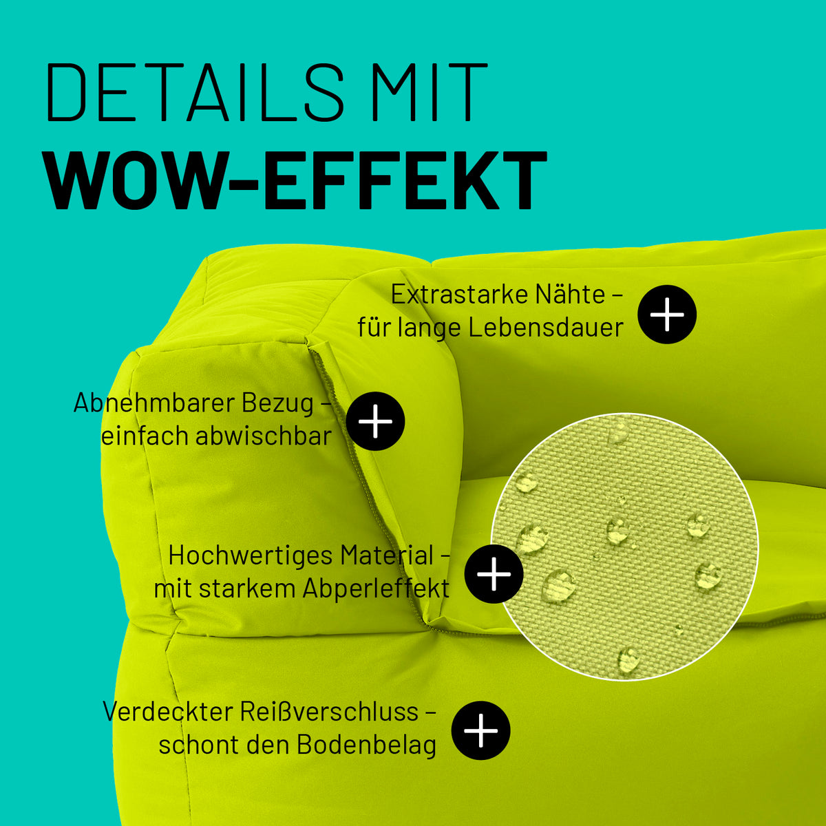Sitzsack-Sofa Ecke (340 L) in Apfelgrün mit extrastarken Nähten, abnehmbarem Bezug und verdecktem Reißverschluss für indoor & outdoor.