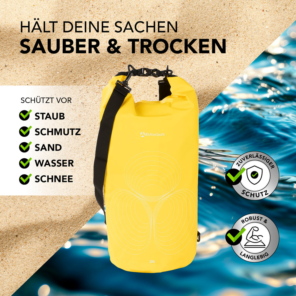 Dry Bag 20L - Gelb wasserdichter, robuster Outdoor-Rucksack mit Rolltop-Verschluss schützt vor Staub, Wasser, Sand und Schmutz.