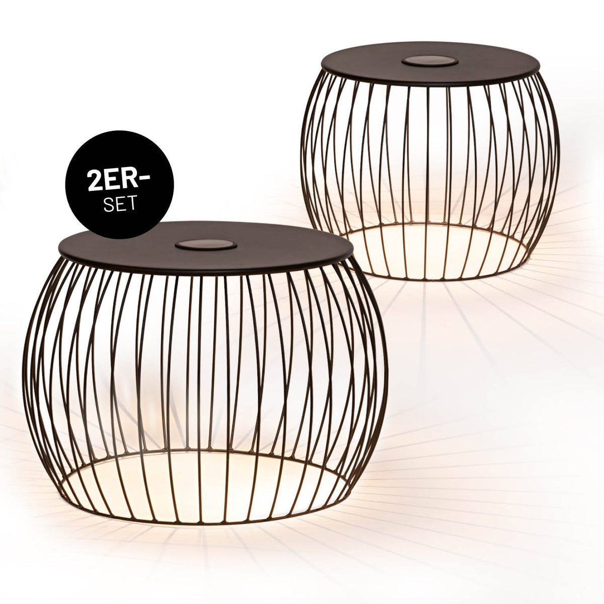 Beistelltisch - 2er-Set moderne, runde Metalltische mit LED-Licht, solarbetrieben, für Innen und Außen geeignet.