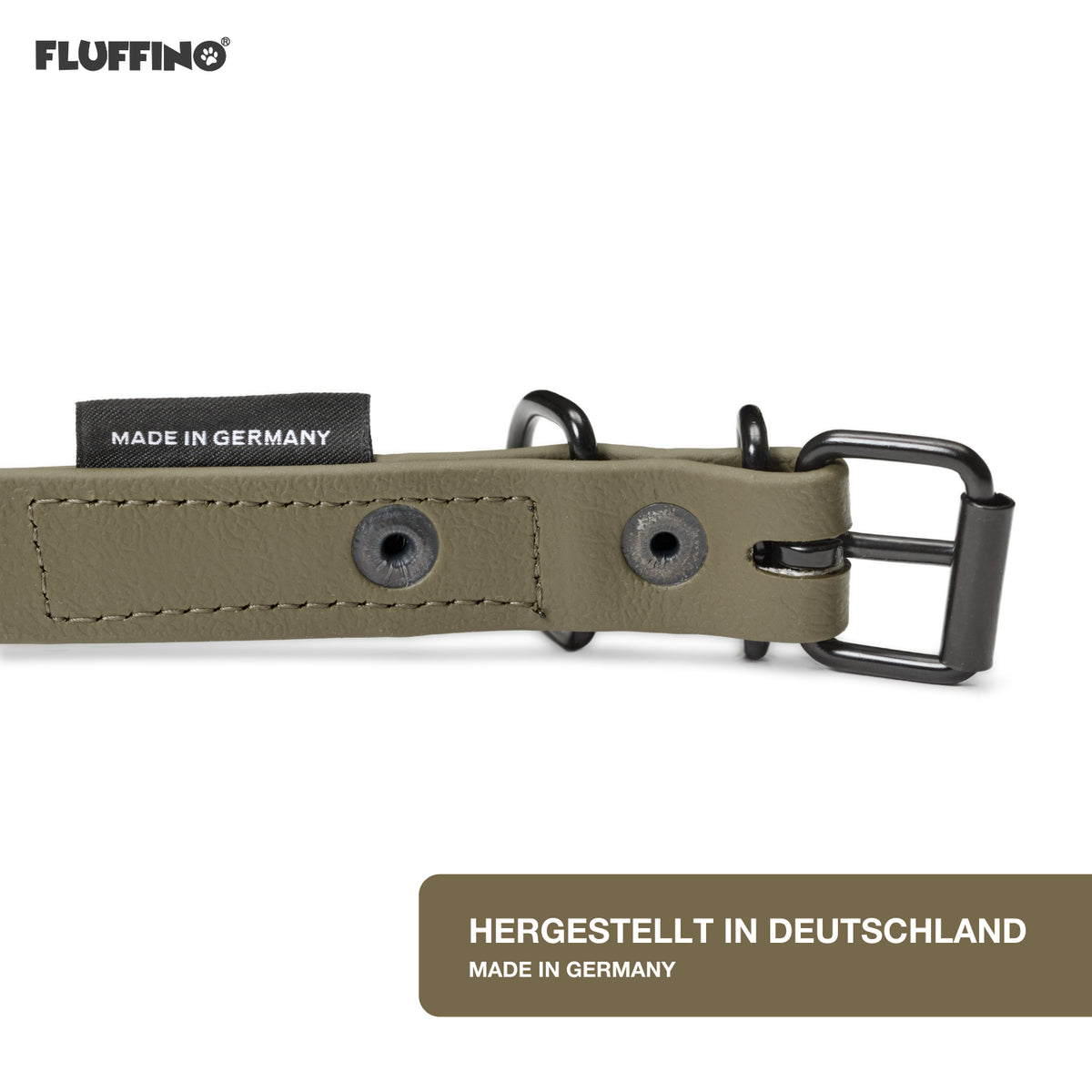 Hundehalsband aus BioThane - 5-Fach verstellbare Größe L in Oliv, wasserfest, reißfest, vegan, Made in Germany von FLUFFINO.
