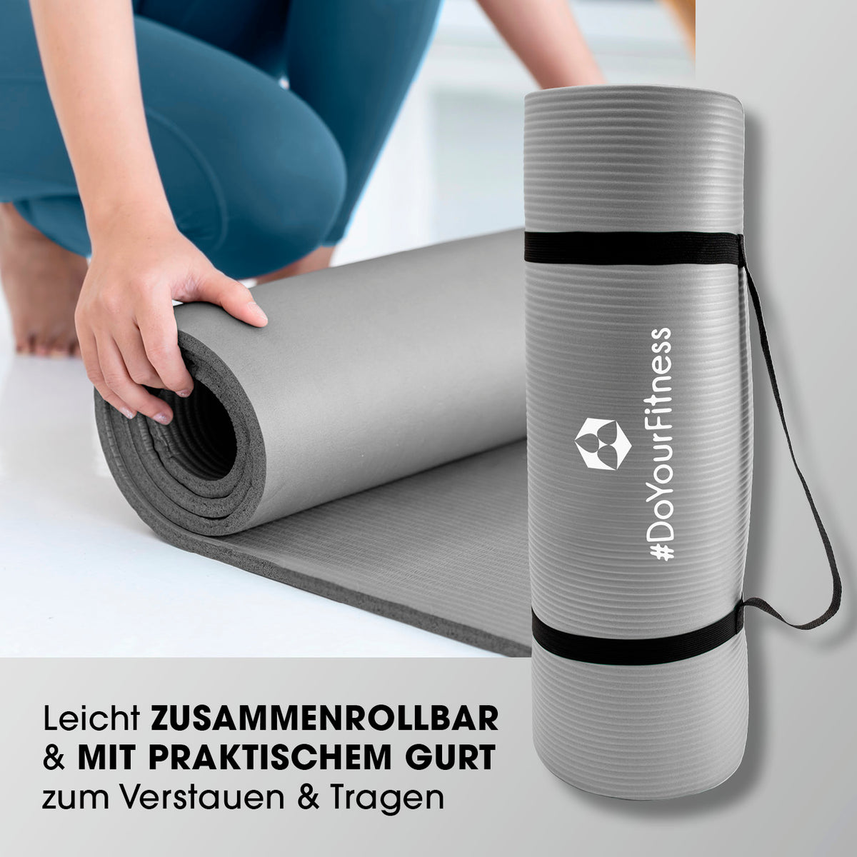 Fitness- und Gymnastikmatte - 190 x 100 x 1 cm - Grau, rutschfest, robust, leicht zusammenrollbar mit praktischem Tragegurt von DoYourFitness.