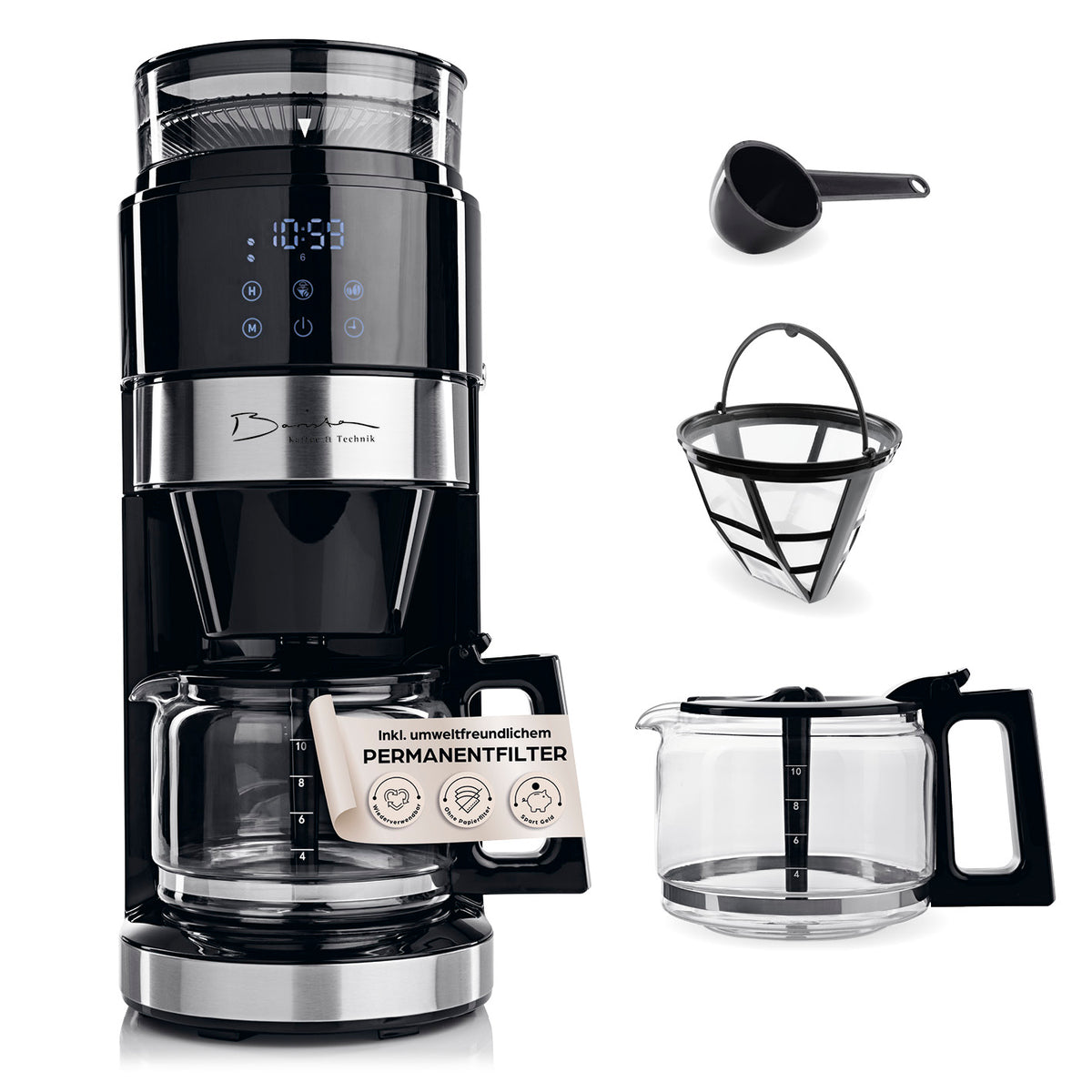 Filterkaffeemaschine Grind mit integriertem Mahlwerk, LED-Touchdisplay, Permanentfilter und Glaskanne für frisch gebrühten Kaffee.