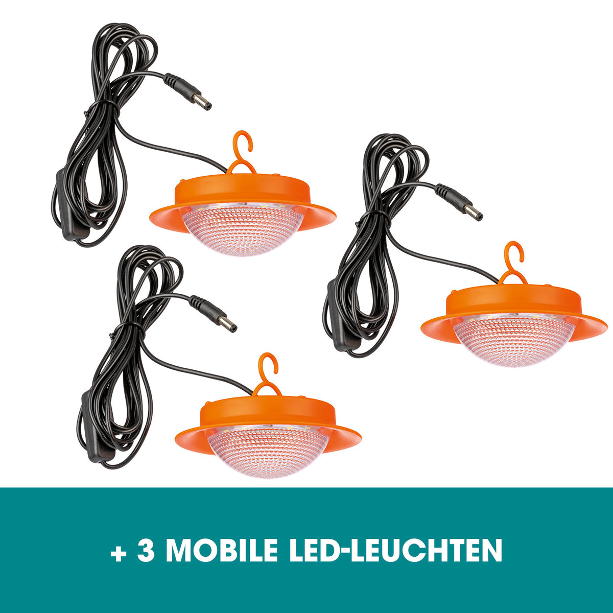 Solar-Generator Kit 4500mAh schwarz/orange mit drei mobilen LED-Leuchten, ideal für Licht und Strom unterwegs.