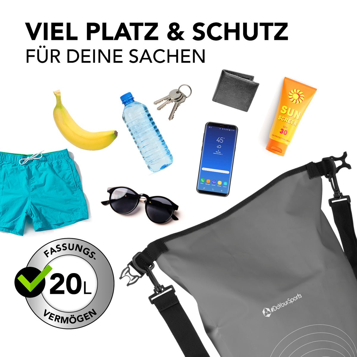 Dry Bag 20L - Grau, wasserdichter Outdoor-Rucksack mit 20L Fassungsvermögen, robustem Rolltop und verstellbarem Schultergurt.