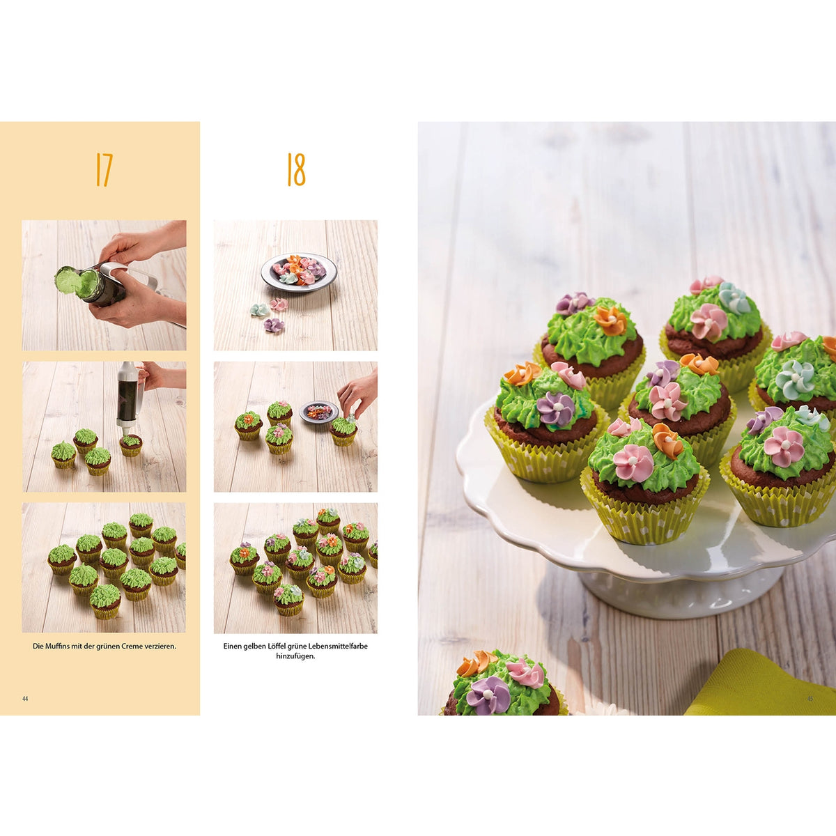 Rezeptbuch Band 8 zeigt kreative Motivkuchen mit grüner Creme und bunten Blumen, ideal zum Selbermachen für Kinder ab 3 Jahren.