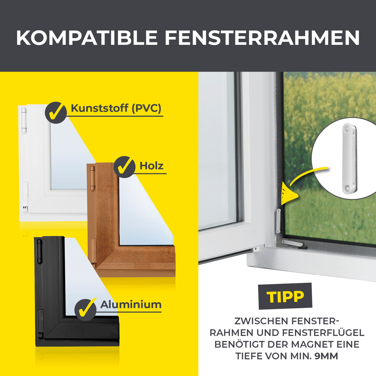 Insekten- & Pollenschutzgitter mit Magnetbefestigung - 4er-Set kompatibel mit Kunststoff, Holz und Aluminiumfensterrahmen.