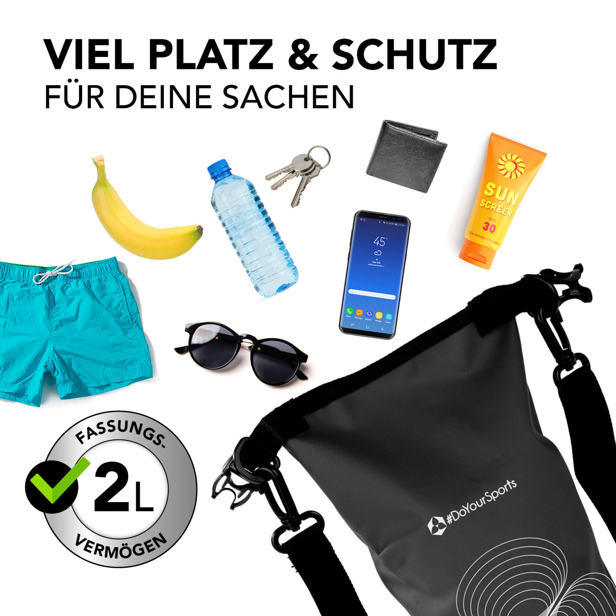Dry Bag 2L - Schwarz wasserdichter, robuster Outdoor-Rucksack mit verstellbarem Gurt zum Schutz von Wertgegenständen bei Wasseraktivitäten.