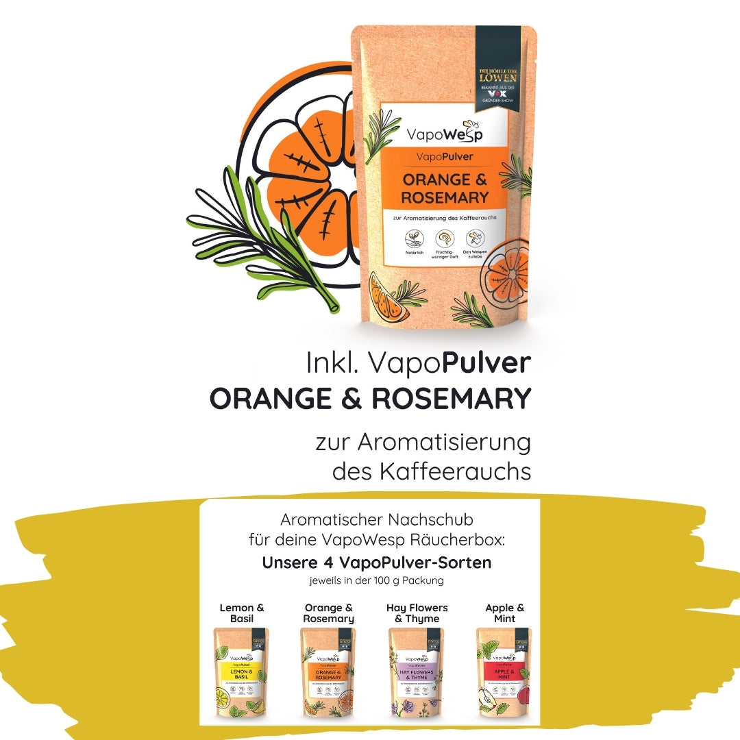 Räucherbox inkl. Pulver Orange & Rosemary (50 g) zur Aromatisierung von Kaffeerauch mit angenehm aromatischem VapoPulver.