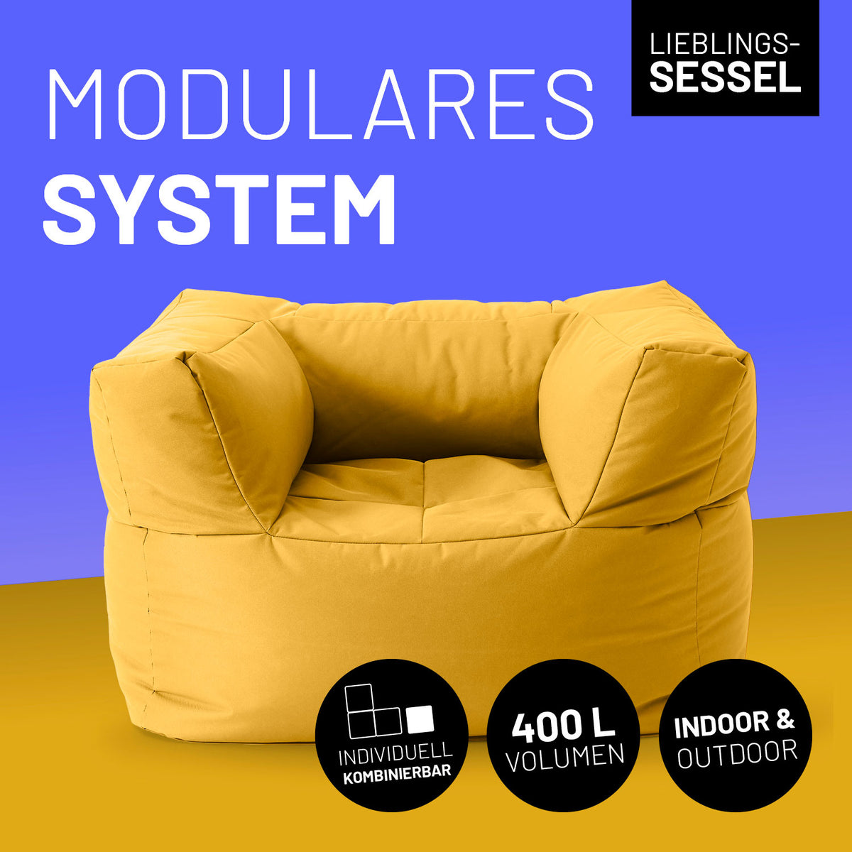 Sitzsack-Sofa Sessel (400 L) - Modulares System - indoor & outdoor - Senfgelb, großer bequemer modularer Sessel mit robustem Bezug