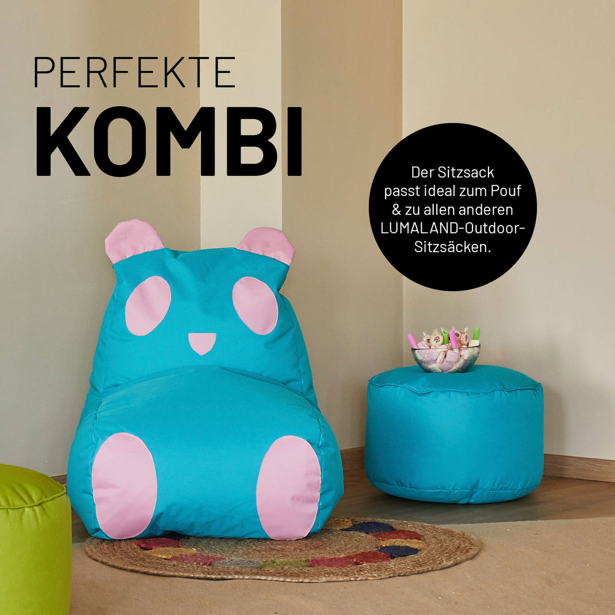 Kindersitzsack Animal Line Panda (180 L) in Türkis/Pastell Pink, weich, wasserabweisend und ideal für innen und außen.