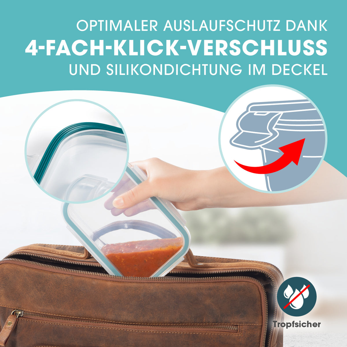 Glas-Frischhaltedosen mit Mikrowellenventi Klick-it 6-tlg. mit 4-fach-Klickverschluss und Silikondichtung, tropfsicher für sicheren Transport.
