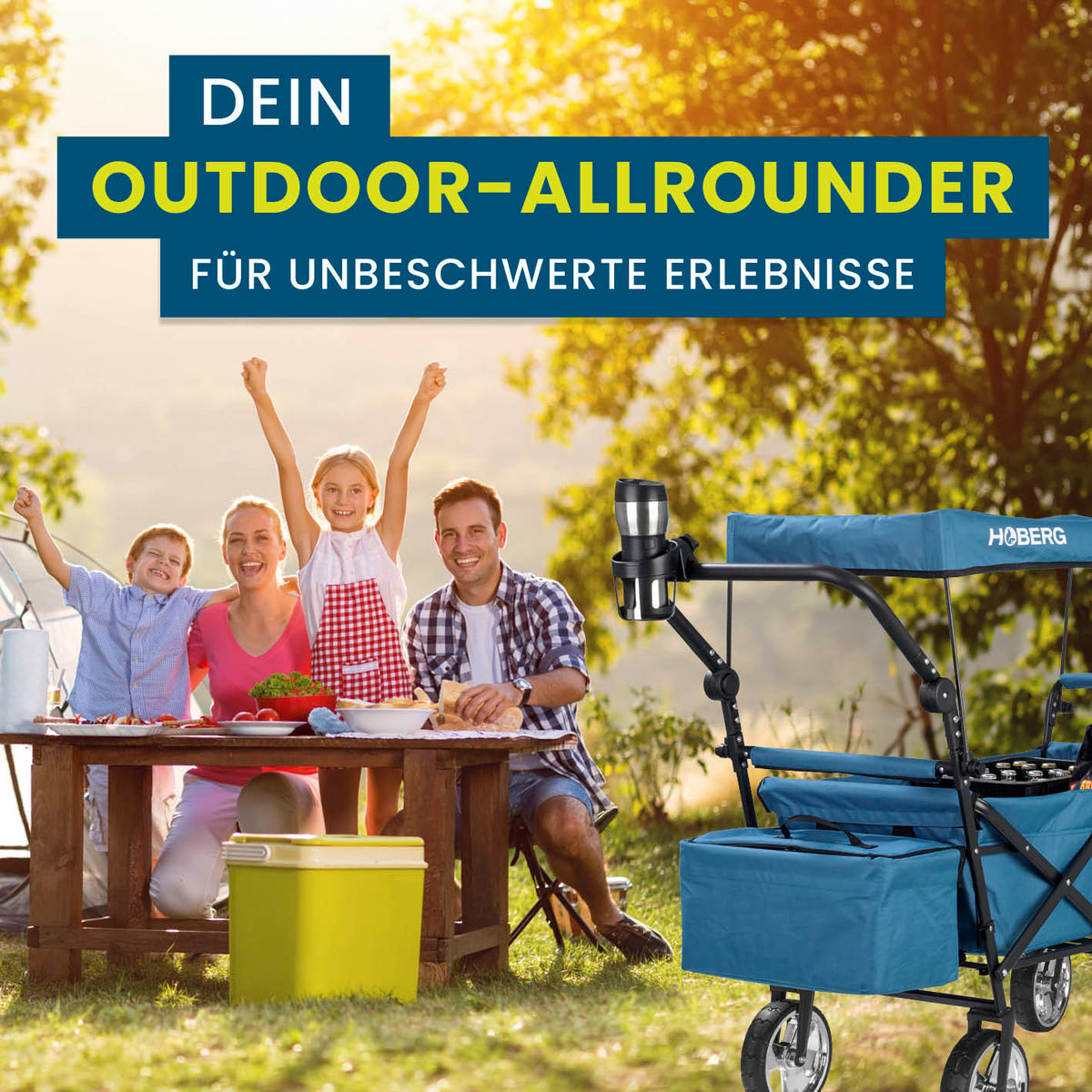 Faltbarer Bollerwagen - Blau mit wasserfestem Dach, Kühltasche und robustem Nylonbezug für einfache Outdoor-Erlebnisse.