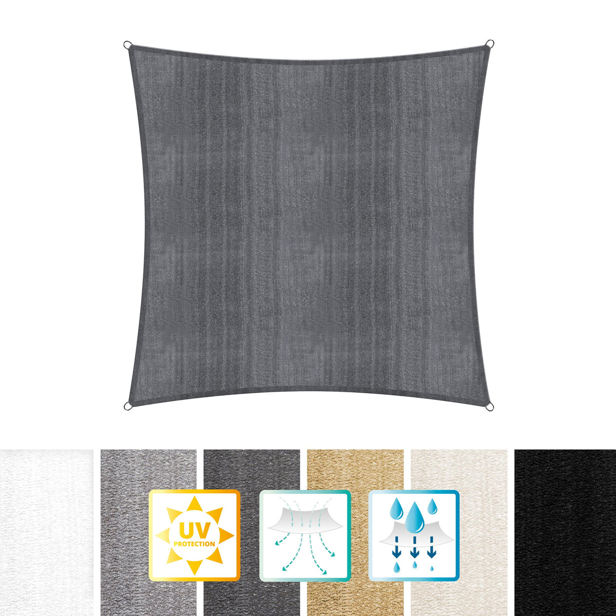 Sonnensegel 100% HDPE mit Stabilisator für UV-Schutz - Quadrat 3 x 3 Meter - Dunkelgrau, reißfest und mit rostfreien Ringen.