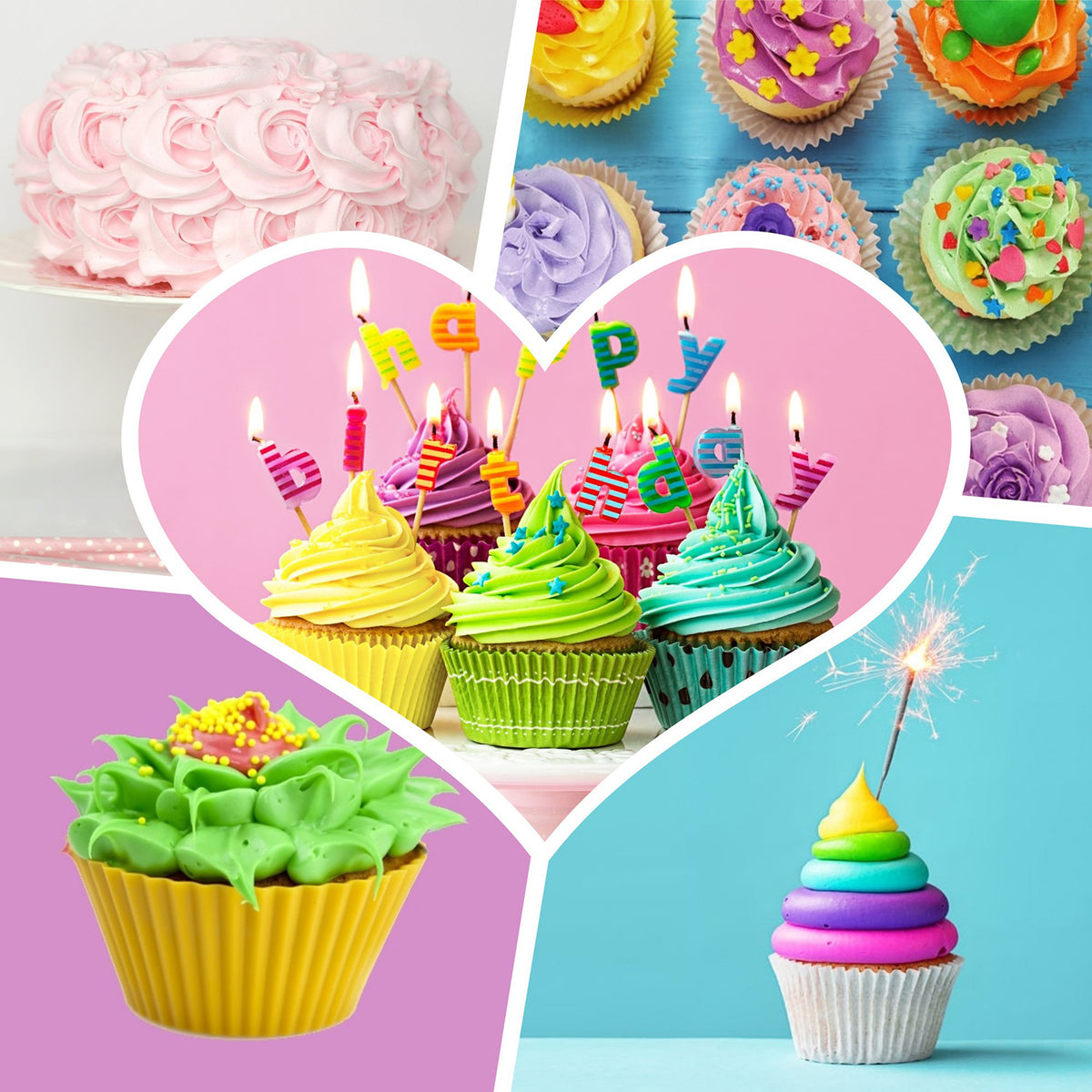 Silikonspritzbeutel mit 6 Edelstahltüllen - 35 cm, bunte Tortendekorationen und liebevoll verzierte Cupcakes in verschiedenen Formen.
