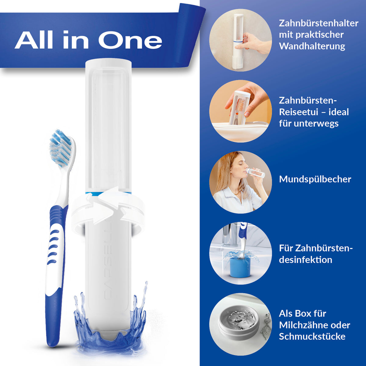 Zahnbürstenbox - weiß mit Wandhalterung, Reiseetui, Mundspülbecher und Desinfektion für Zahnbürsten und kleine Erinnerungen.