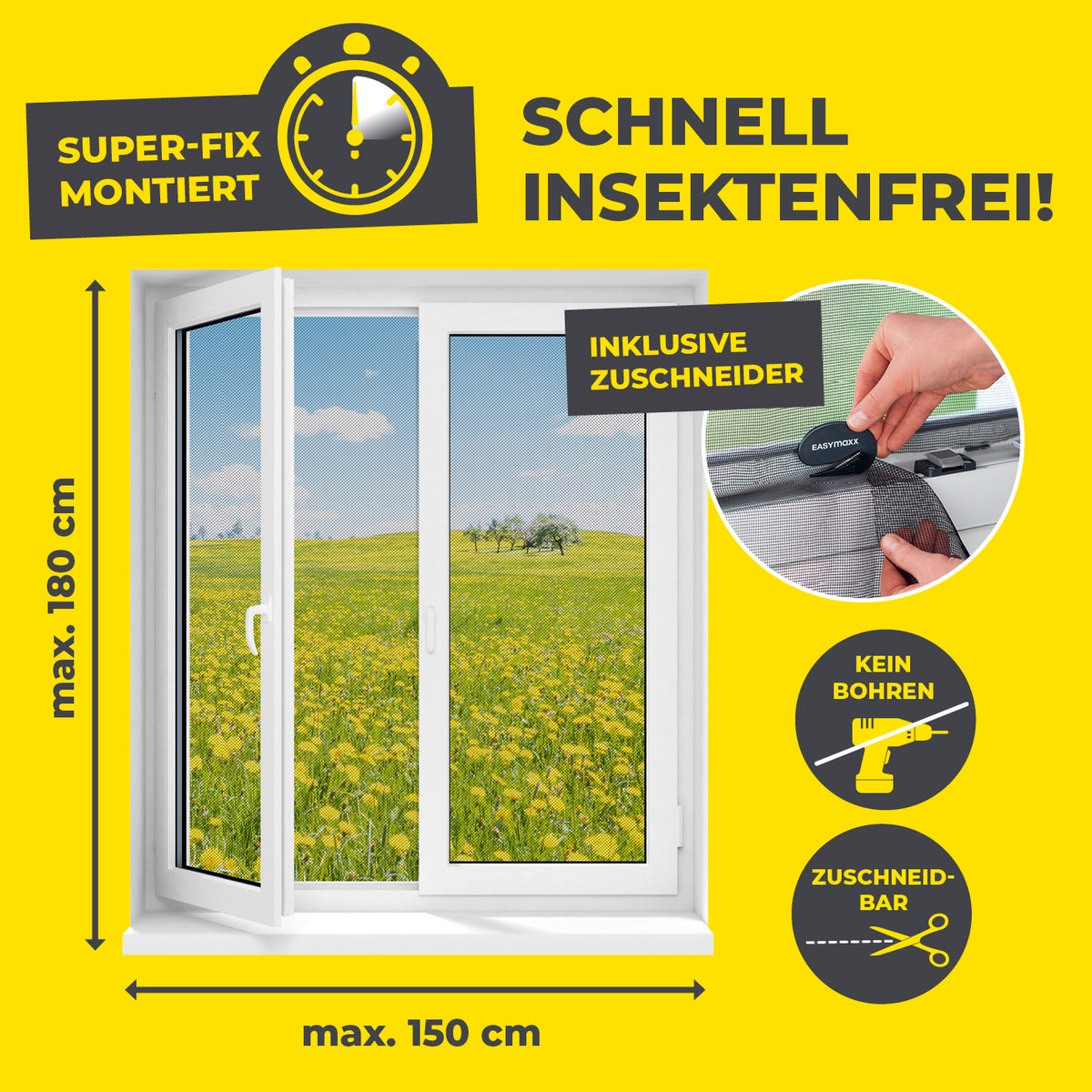 Moskitonetz für Fenster mit selbstklebendem Klettband - 2er-Set - 150 x 180 cm - Schwarz, schnell montiert, inklusive Zuschneider.