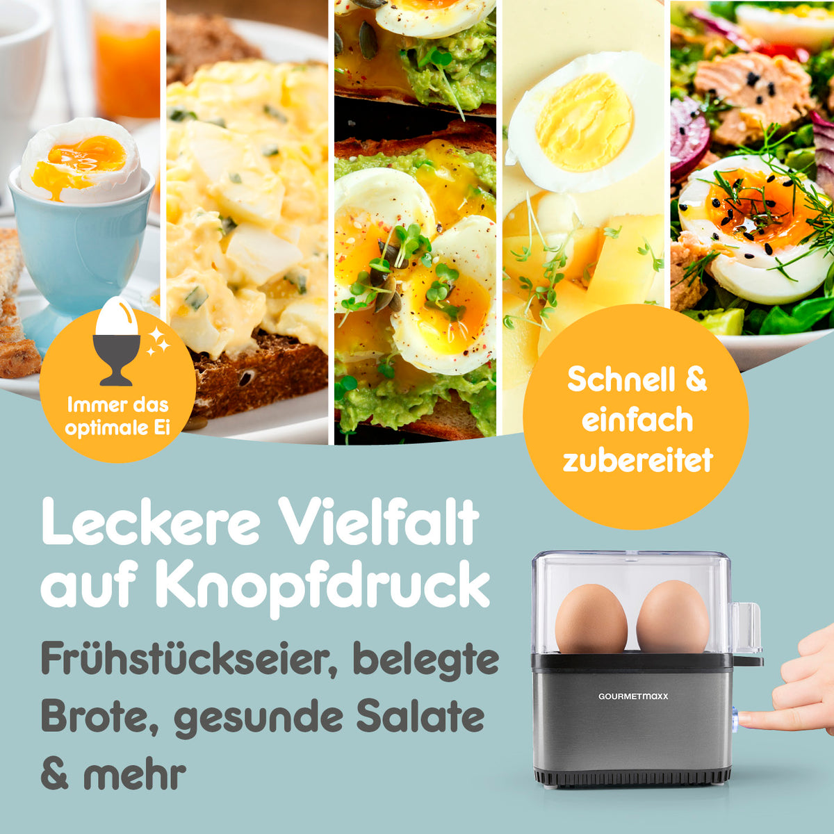 Design-Eierkocher 2 Eier - Anthrazit zeigt perfekte Frühstückseier, schnell und einfach zubereitet für vielseitige Gerichte zuhause oder unterwegs.