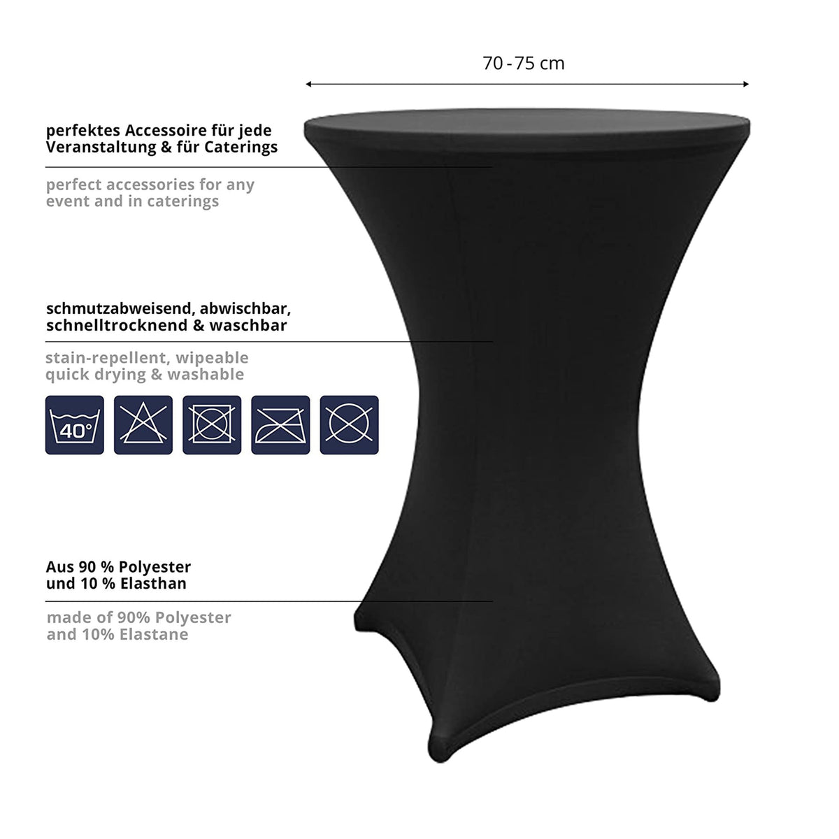 Stehtischhusse - Tisch Bezug - Husse Ø 80-85 cm Schwarz, schmutzabweisend, abwischbar, waschbar, perfekte Passform, Premium Qualität, 10er-Set.