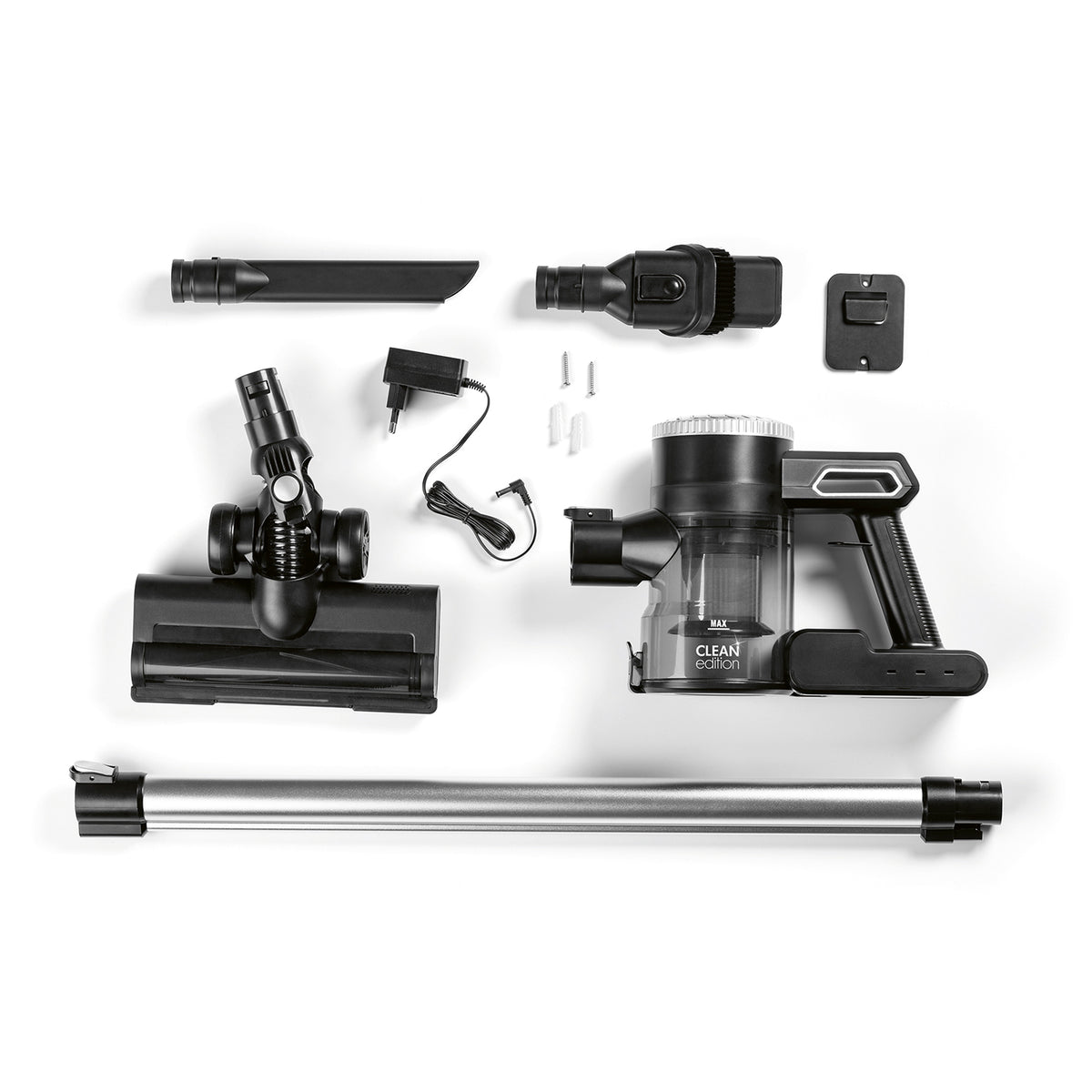 Akku-Zyklon-Staubsauger - schwarz/silber mit 2-Filtersystem, Akku, Bodendüse mit LED und Aluminiumrohr, kabellos und vielseitig.