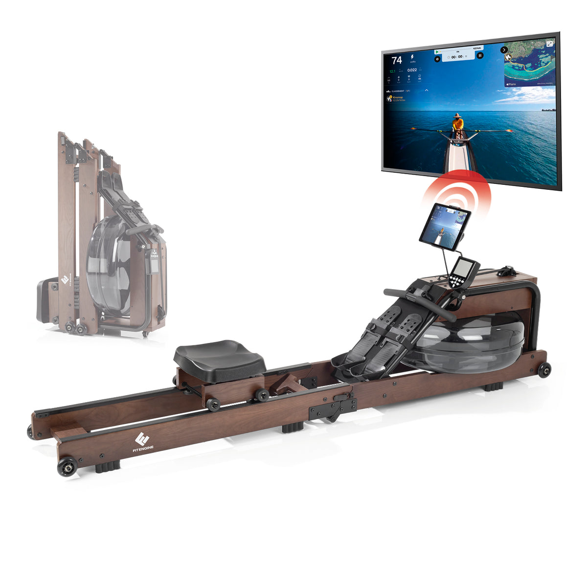 Klappbares Wasser-Rudergerät 2.0 - Dark Brown aus Eschenholz mit Kinomap Verbindung und faltbarer Funktion für Home-Gym.