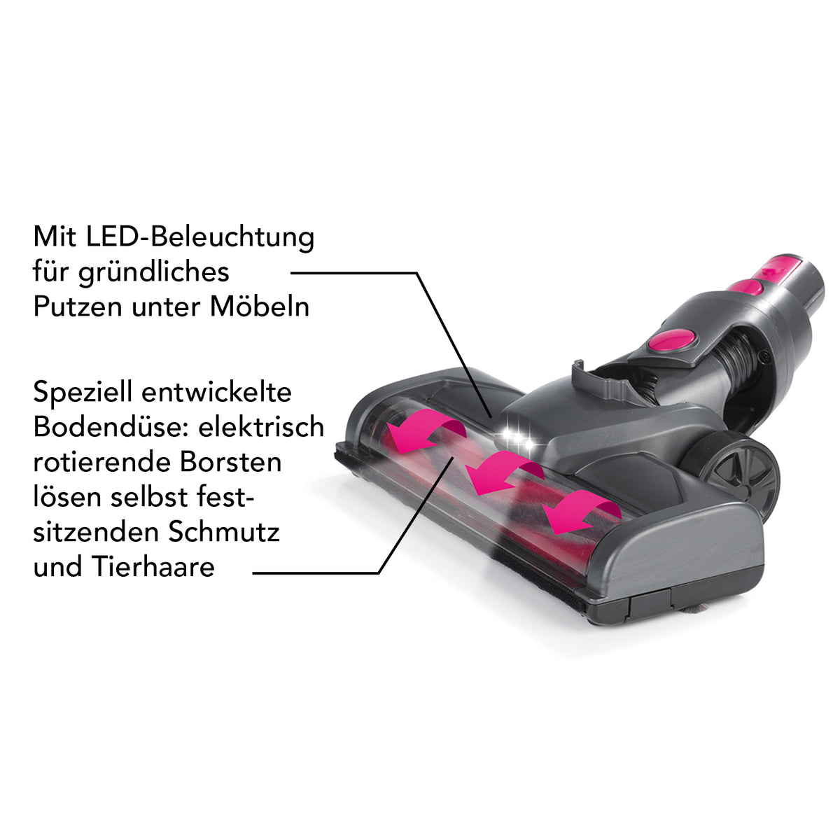 Akku-Zyklon-Staubsauger - Verlängerungsrohr auf bis ca. 80 cm, Bodendüse mit LED und elektrisch rotierenden Borsten, anthrazit/pink.