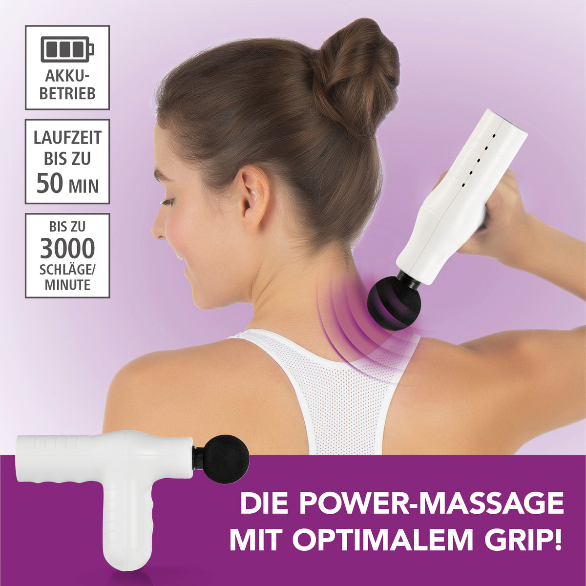 Mini Massage Gun Smart Grip - Weiß wird auf Schulter angewendet, kraftvoll mit bis zu 50 Min Akku-Laufzeit und 3000 Schlägen/Minute.