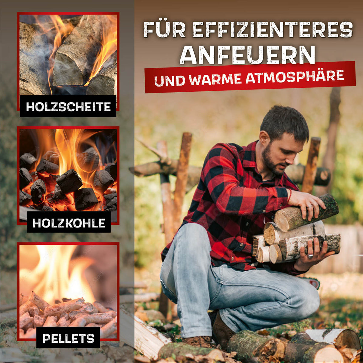 Raucharmer Feuerkorb Ø 60 cm - rund - schwarz mit Holzscheiten, Holzkohle und Pellets für warme Atmosphäre und effizientes Anfeuern.
