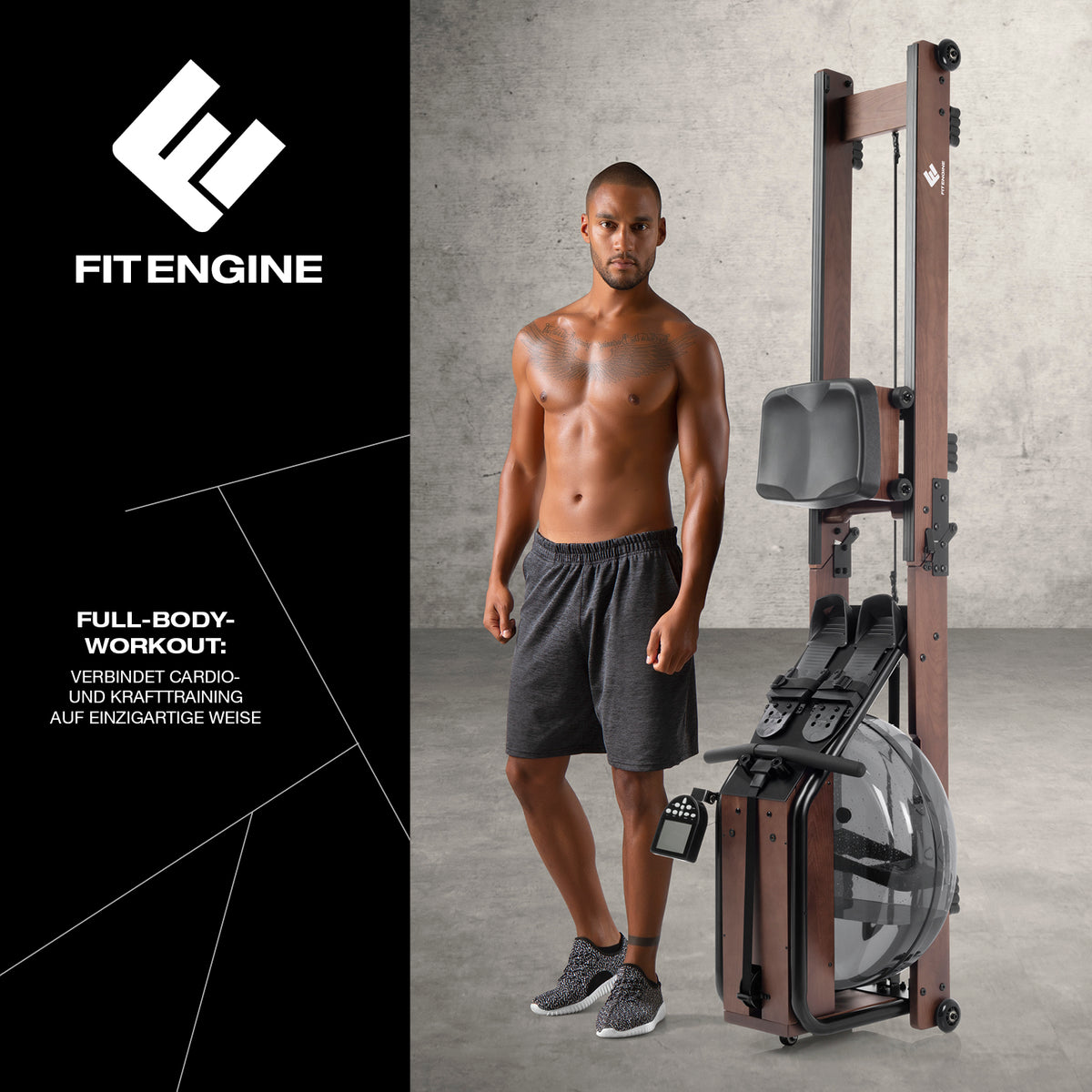 Klappbares Wasser-Rudergerät 2.0 - Dark Brown aus Eschenholz mit Kinomap-Kompatibilität für effizientes Home-Gym-Training.
