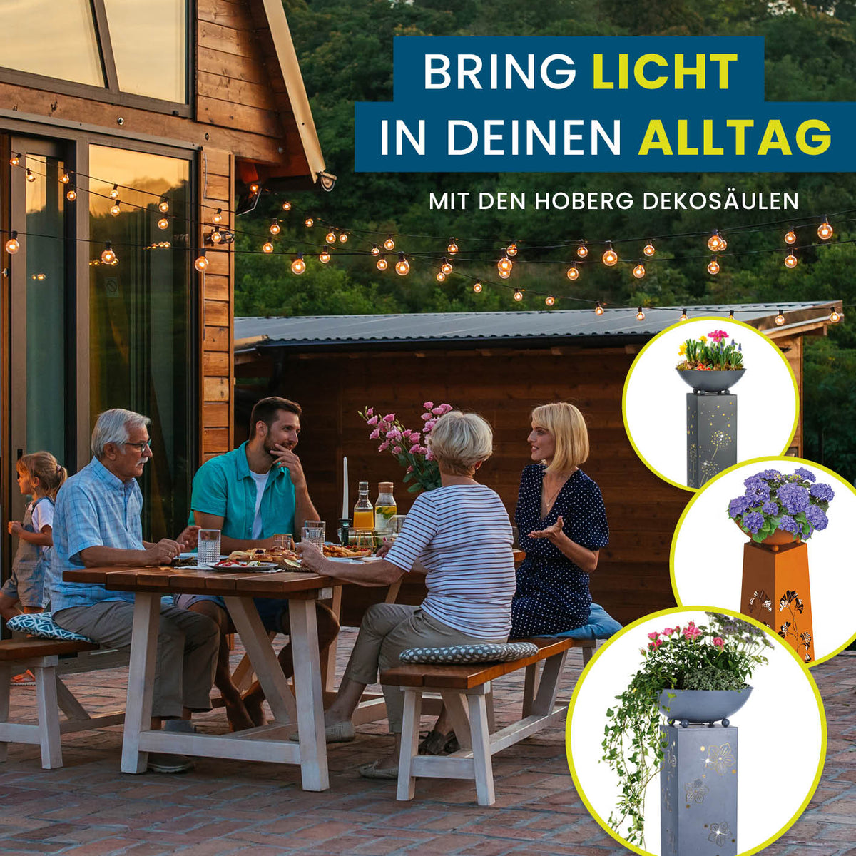 LED Pflanzsäule in Rost-Optik - 19 x 19 x 72 cm mit Pusteblumen-Design und LED-Beleuchtung, ideal für Garten und Terrasse.