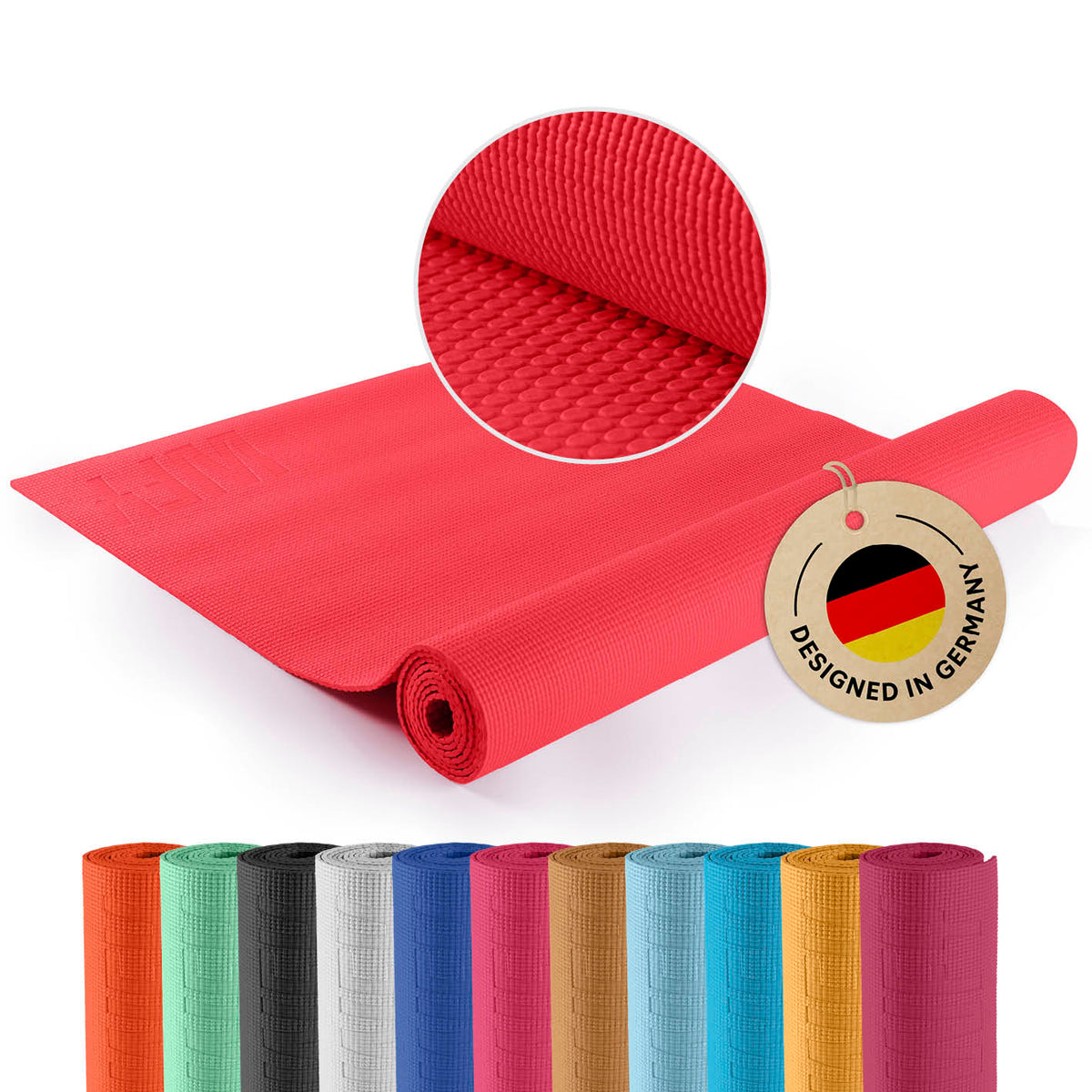 Yogamatte Kirana - 183 x 61 x 0,4 cm - Himbeerrot, weich, rutschfest und langlebig für Pilates und Fitnessübungen.