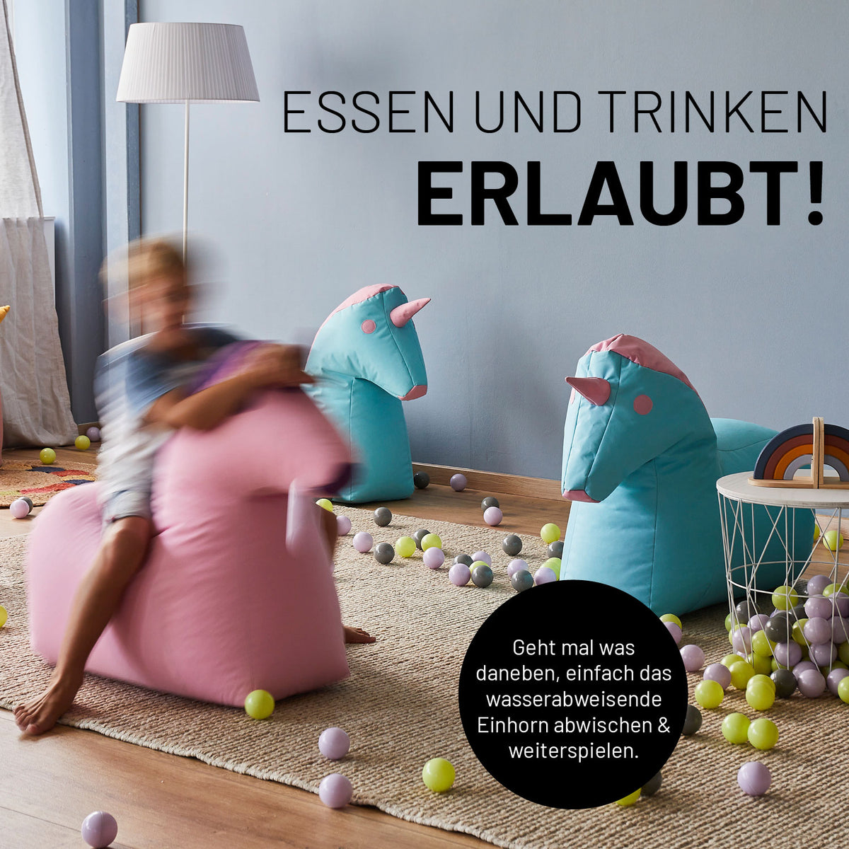 Kindersitzsack Animal Line Einhorn (120 L) in Türkis/Pastell Pink, wasserabweisend, weich und robust für drinnen und draußen.