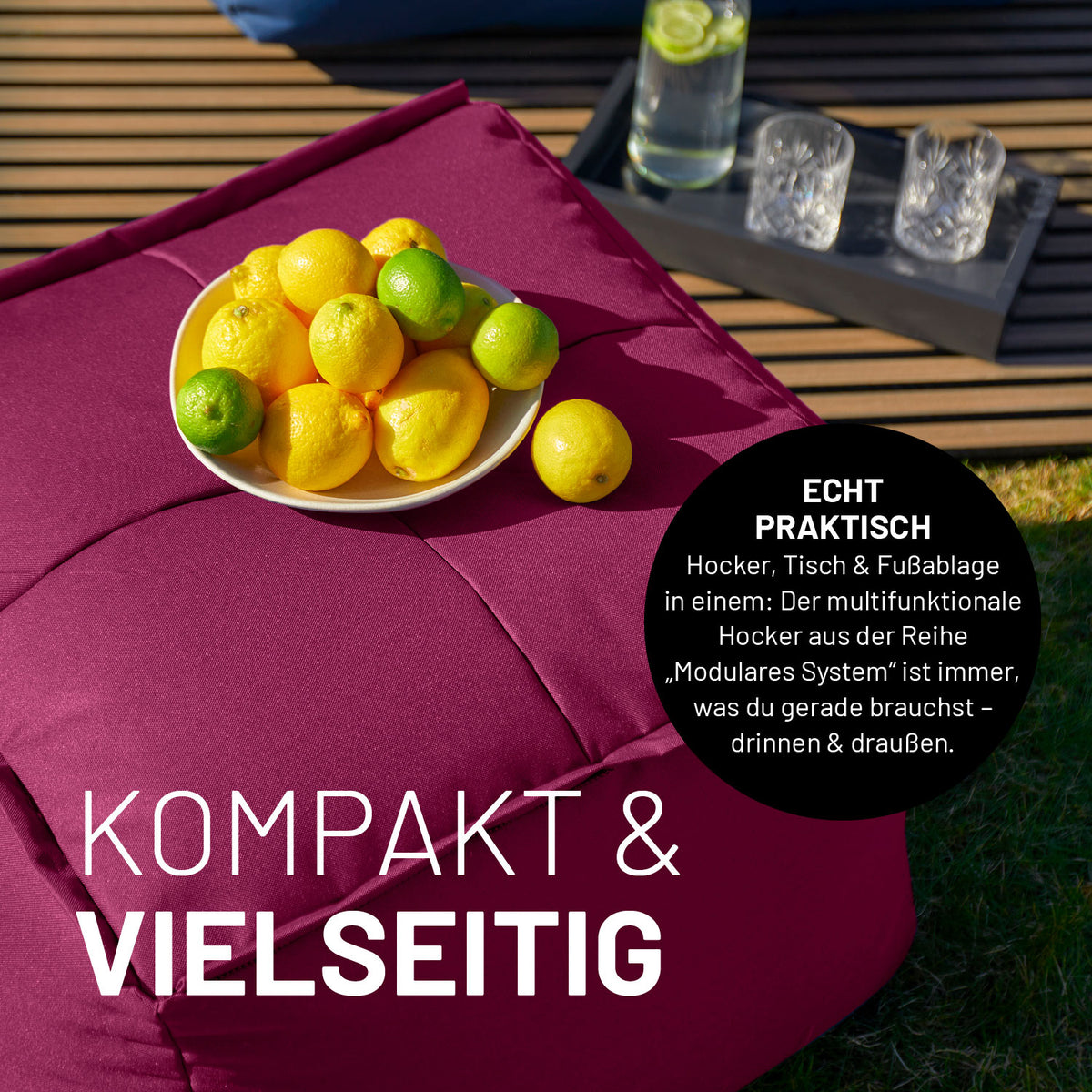 Sitzsack-Hocker (200 L) - Modulares System - indoor & outdoor - Rotwein als vielseitiger Hocker, Tisch und Fußablage mit robustem Material.