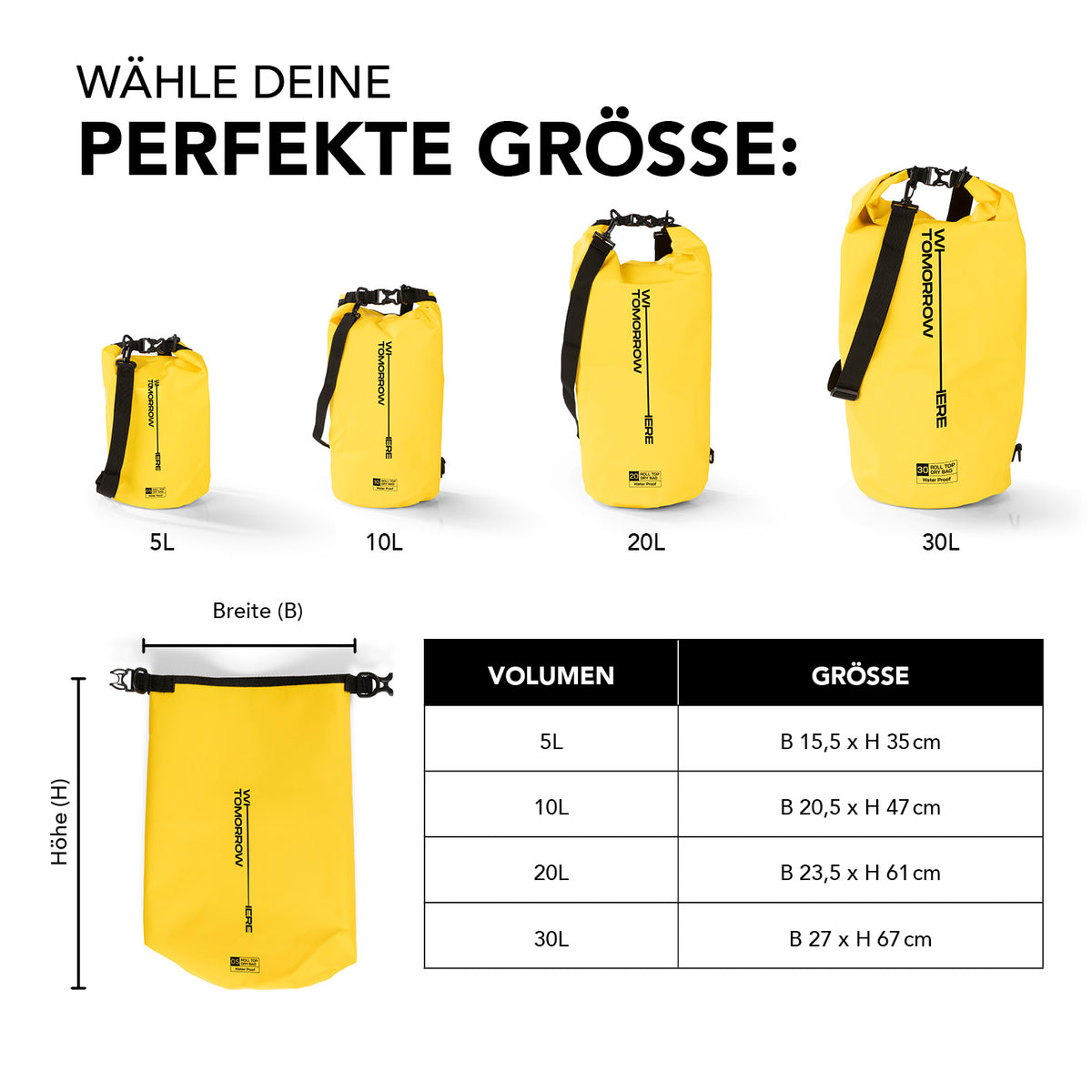 Dry Bag 30L - Style 01 - Gelb wasserdichter, robuster Rucksack mit verstellbarem Schultergurt und Rolltop-Verschluss für Outdoor-Abenteuer.