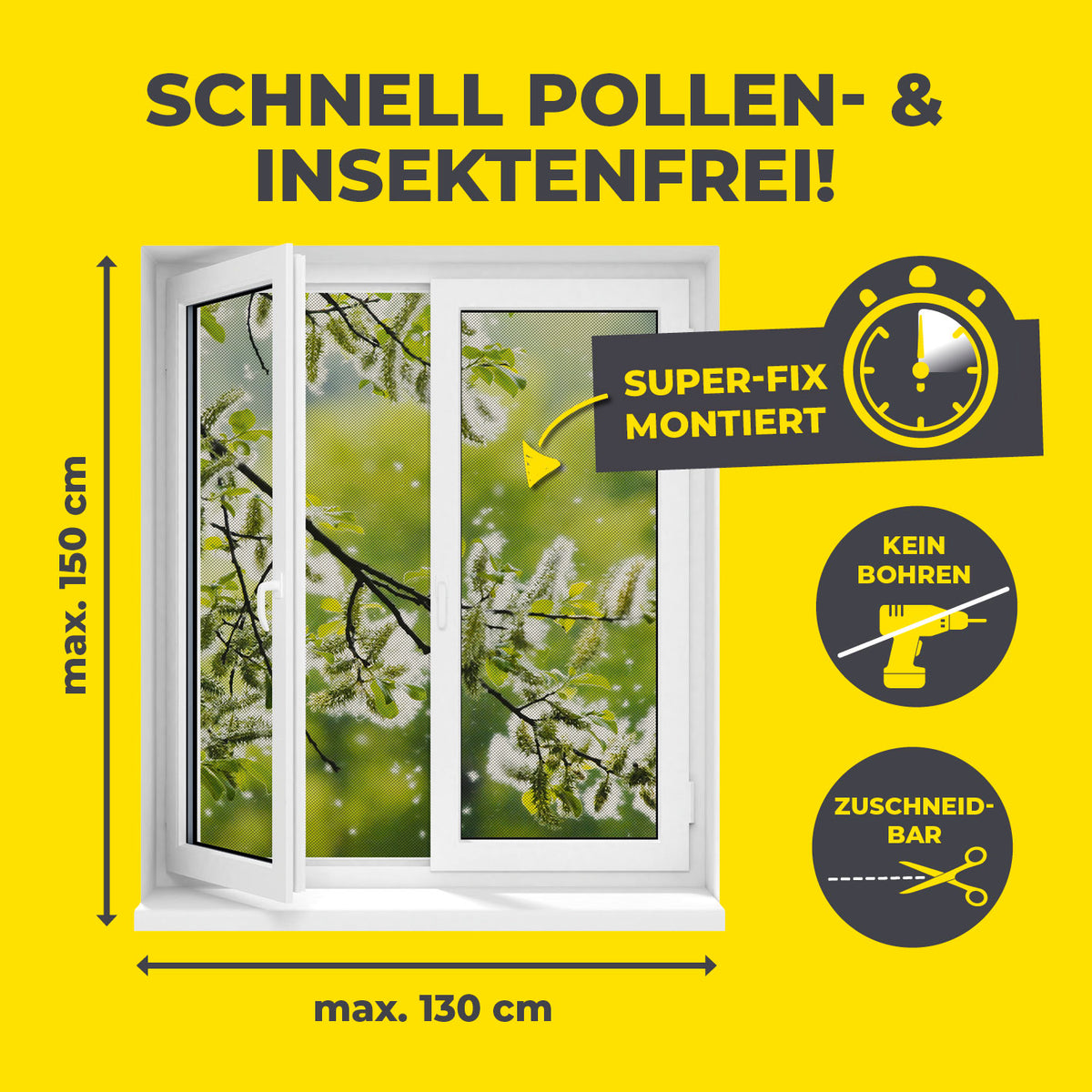 Insekten- & Pollenschutzgitter mit Magnetbefestigung - 2er-Set, schnell montierbar, zuschneidbar, ohne Bohren, max. 150x130 cm.