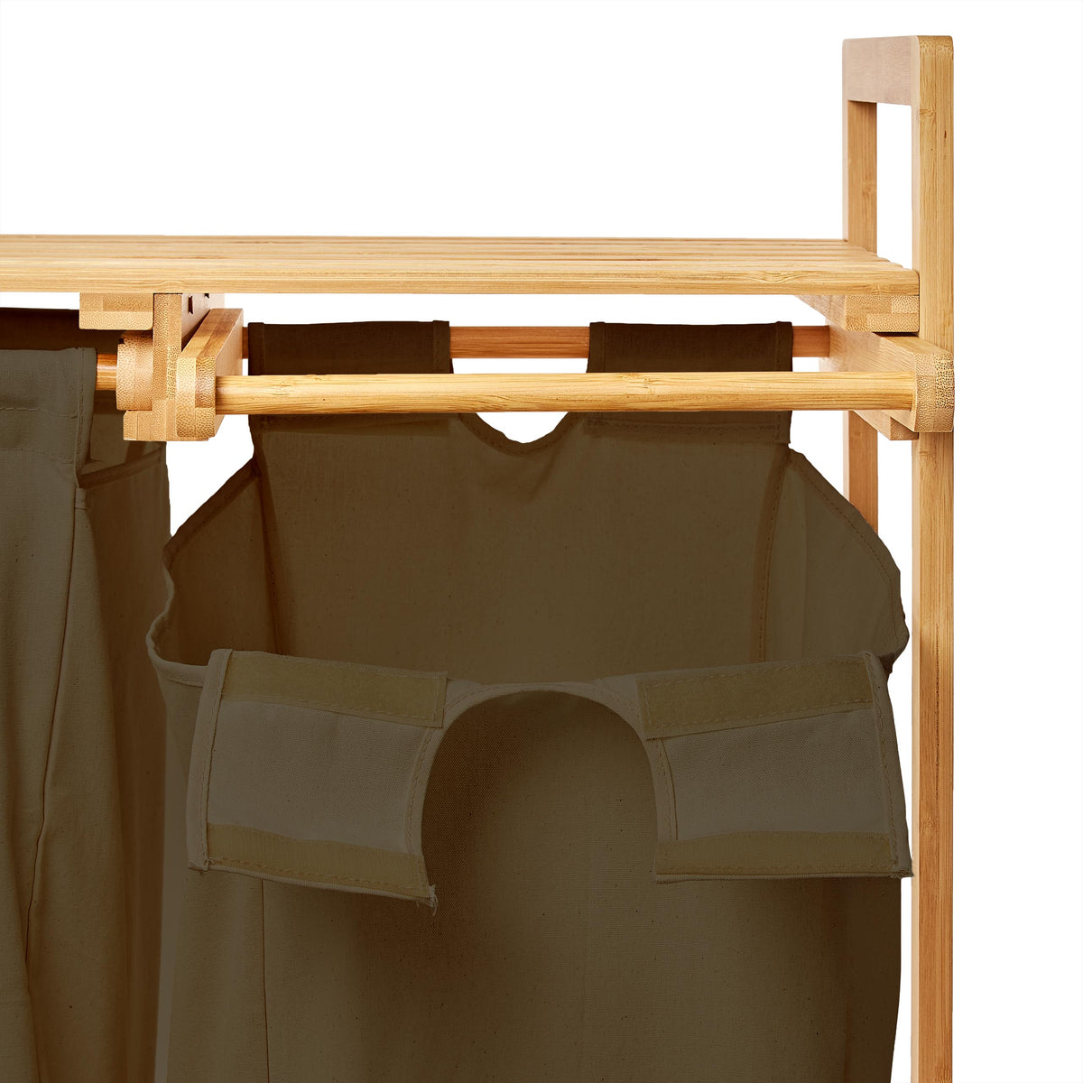 Bambus Wäschekorb mit 2 ausziehbaren Wäschesäcken - 73x64x33 cm - Oliv, wasserabweisend und pflegeleicht.