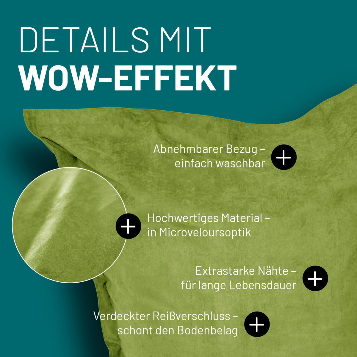 XXL Microvelours Sitzsack (380 L) Grün mit abnehmbarem Bezug, hochwertigem Material, extrastarken Nähten und verdecktem Reißverschluss von Lumaland.