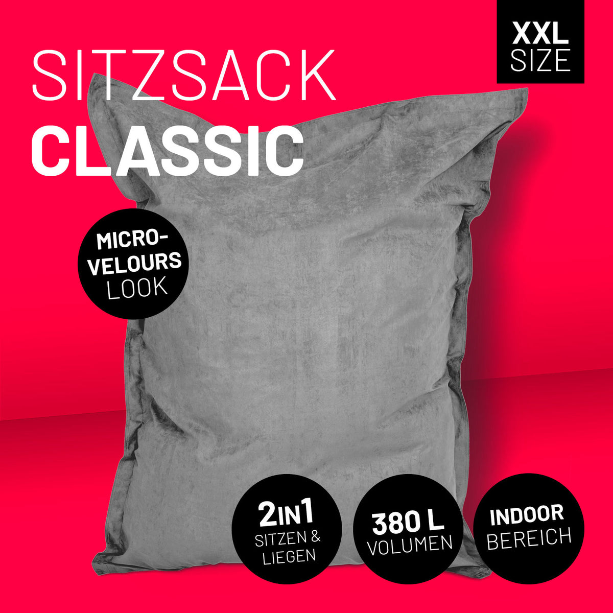 XXL Microvelours Sitzsack (380 L) - grauer Riesensitzsack für entspannte Sitz- und Liegemomente im Indoor-Bereich.