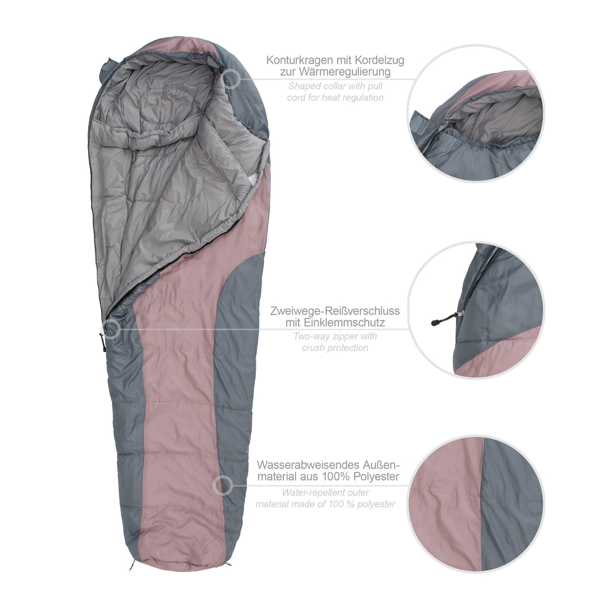 Camping Schlafsack Classic - Mumienschlafsack Rosé mit wasserabweisendem Außenmaterial, Konturkapuze und praktischem Packsack, 230 x 80 x 55 cm.