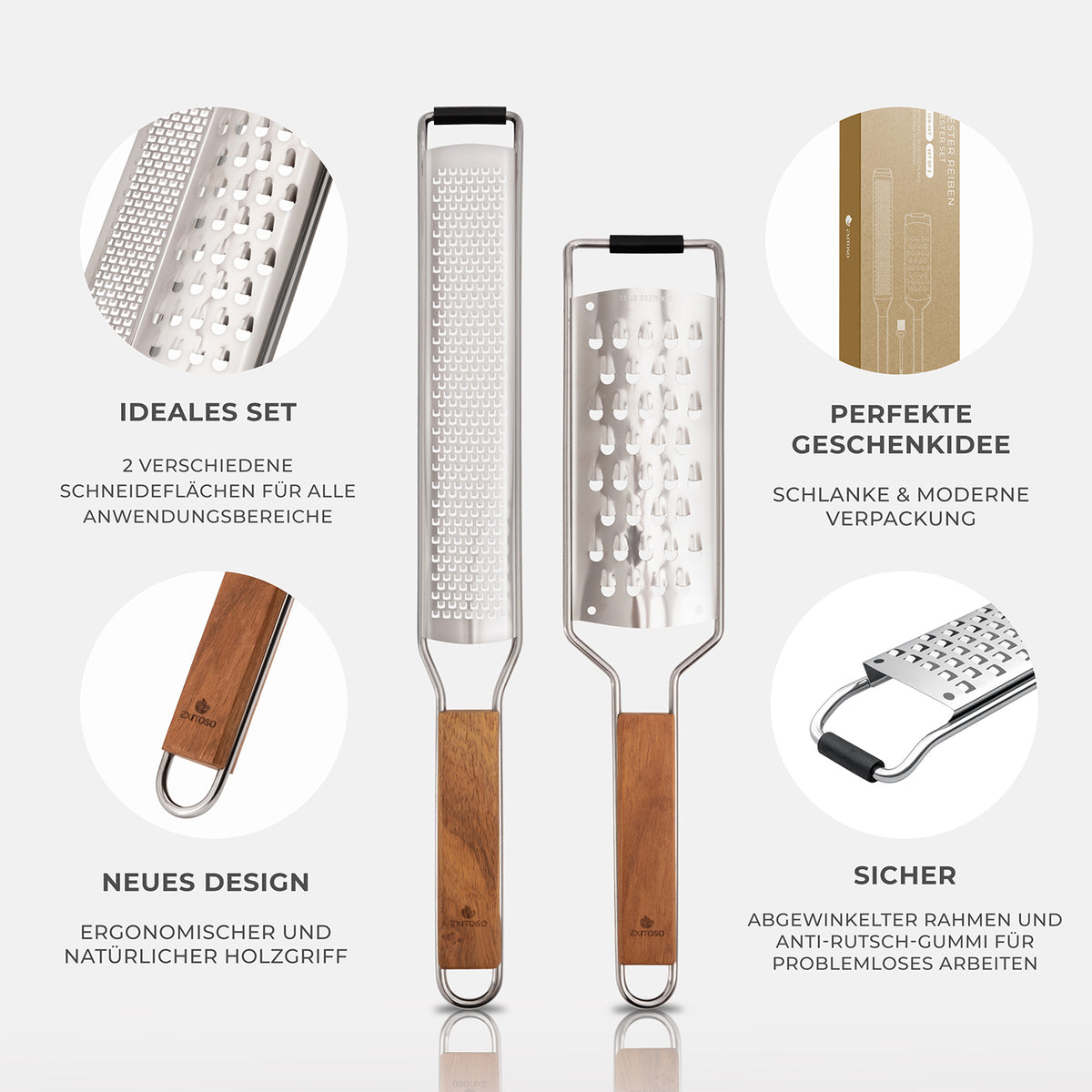 Küchenreibe 2in1 Set aus Edelstahl mit Holzgriff, scharf, ergonomisch, rutschfest, ideal für Ingwer, Knoblauch, Zitrusfrüchte.