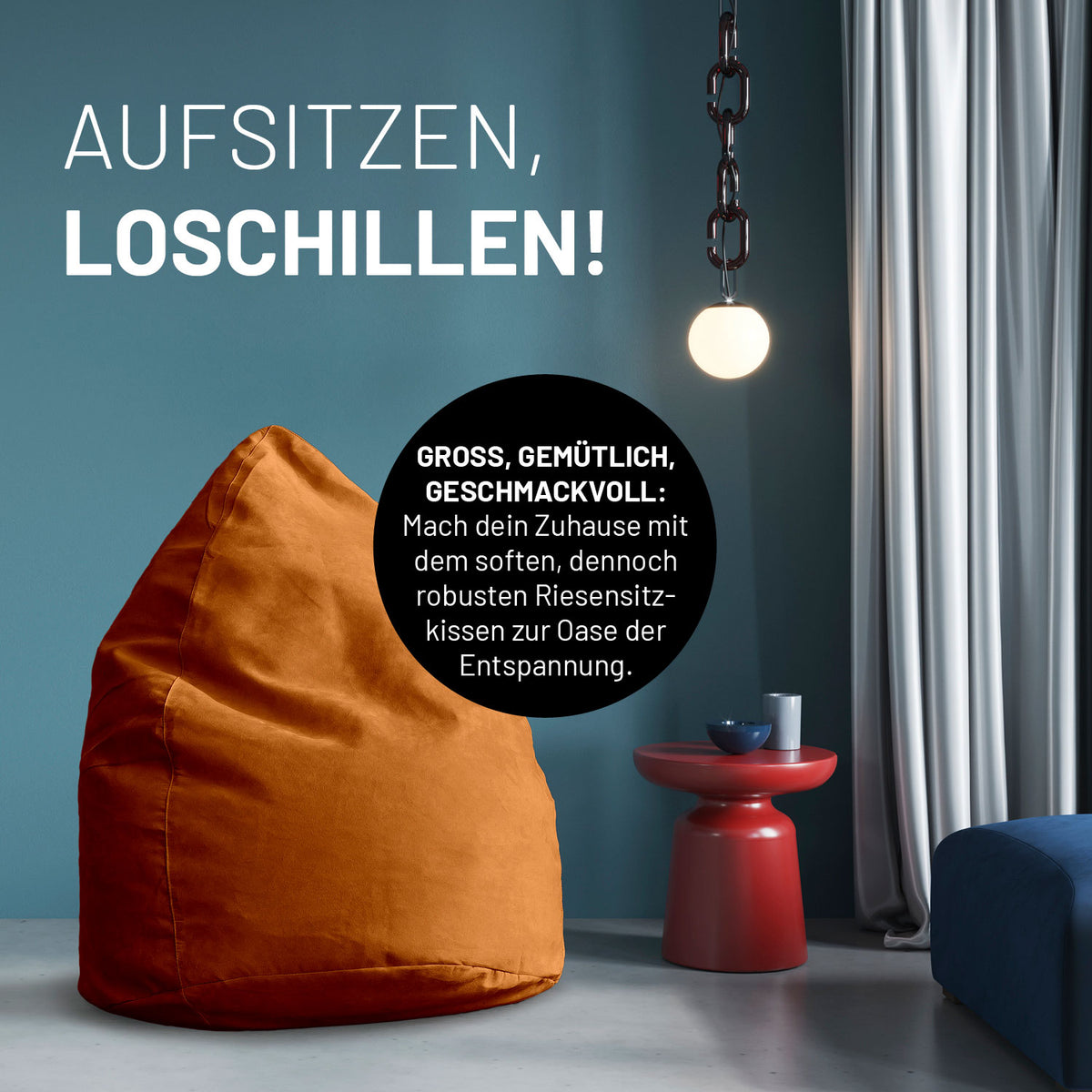 Luxury XL PLUS Sitzsack (220 L) in Orange, großes, gemütliches und robustes Indoor Sitzkissen für optimale Entspannung.