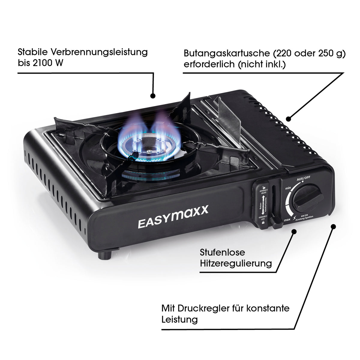Gaskocher tragbar 2500W - Schwarz mit stabilem Metallgehäuse, stufenloser Regulierung und automatischer Piezozündung für Camping und Notfälle.