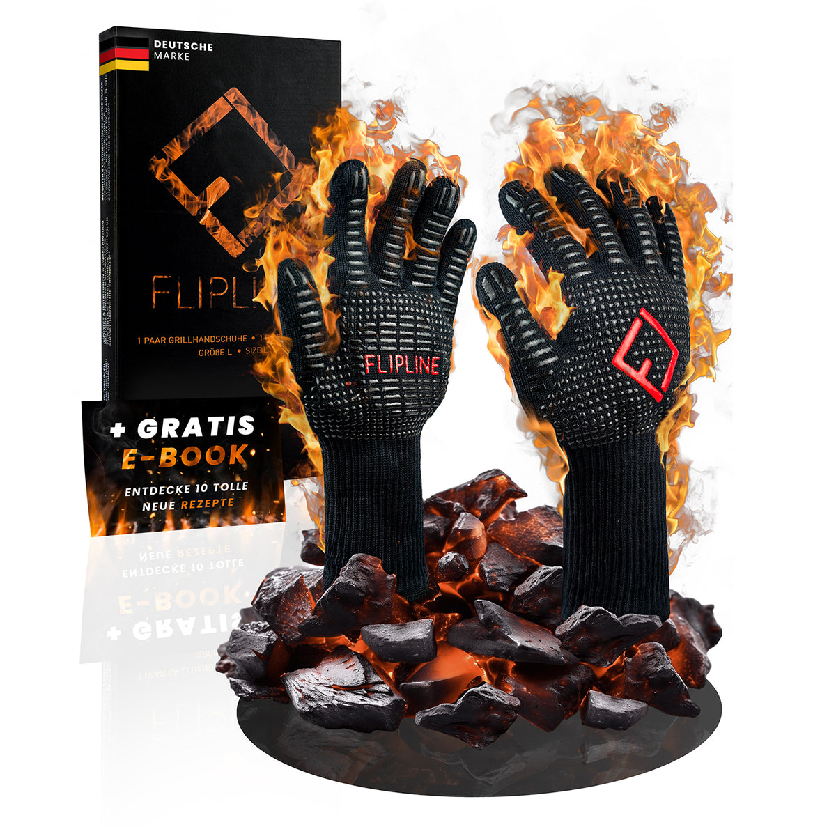 Grillhandschuhe - Größe L hitzebeständig bis 500° mit Silikonbeschichtung für sicheren Griff und langem Unterarmschutz.