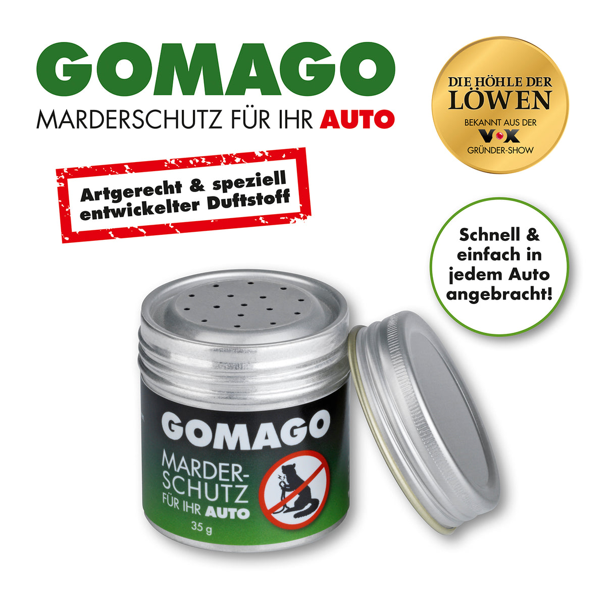 Mardervergrämung Auto GOMAGO mit speziell entwickeltem Duftstoff, schnell anwendbar, schützt Auto effektiv vor Marderschäden.