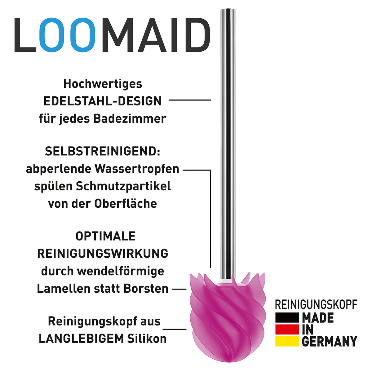 WC-Bürste Silikonkopf Edelstahl/pink mit Bürstenhalter transparent/Edelstahl - 2er-Set, selbstreinigend, langlebig, Edelstahldesign, flexible Lamellen, nachhaltig.