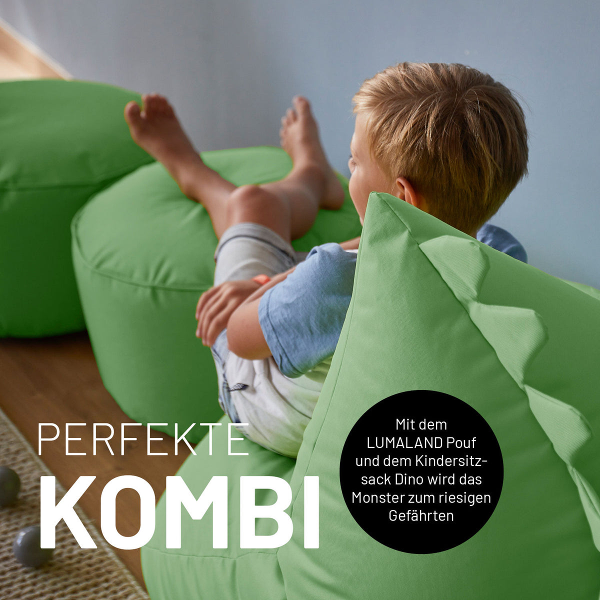 Kindersitzsack Animal Line Monster (180 L) Pastell Grün, kuschelig, wasserabweisend, robust, ideal für drinnen und draußen.