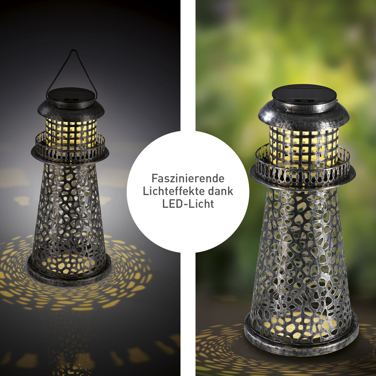Solar-Leuchte Leuchtturm - silber mit perforiertem Metall-Design und kabellosem LED-Licht für Garten, Terrasse und Balkon.